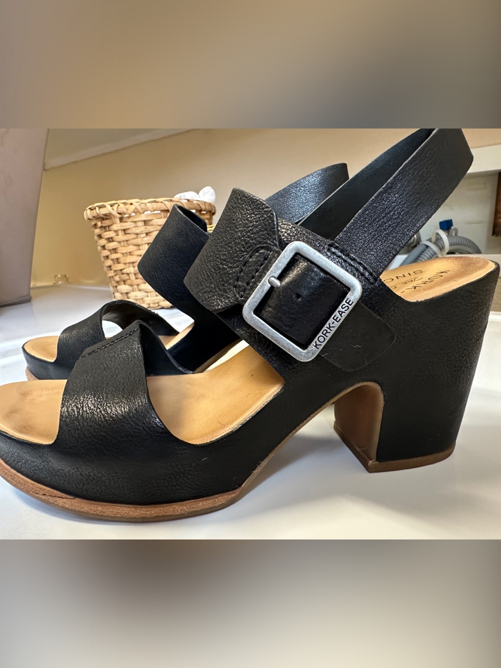 Kork-Ease Black Leather Wedge Sandals